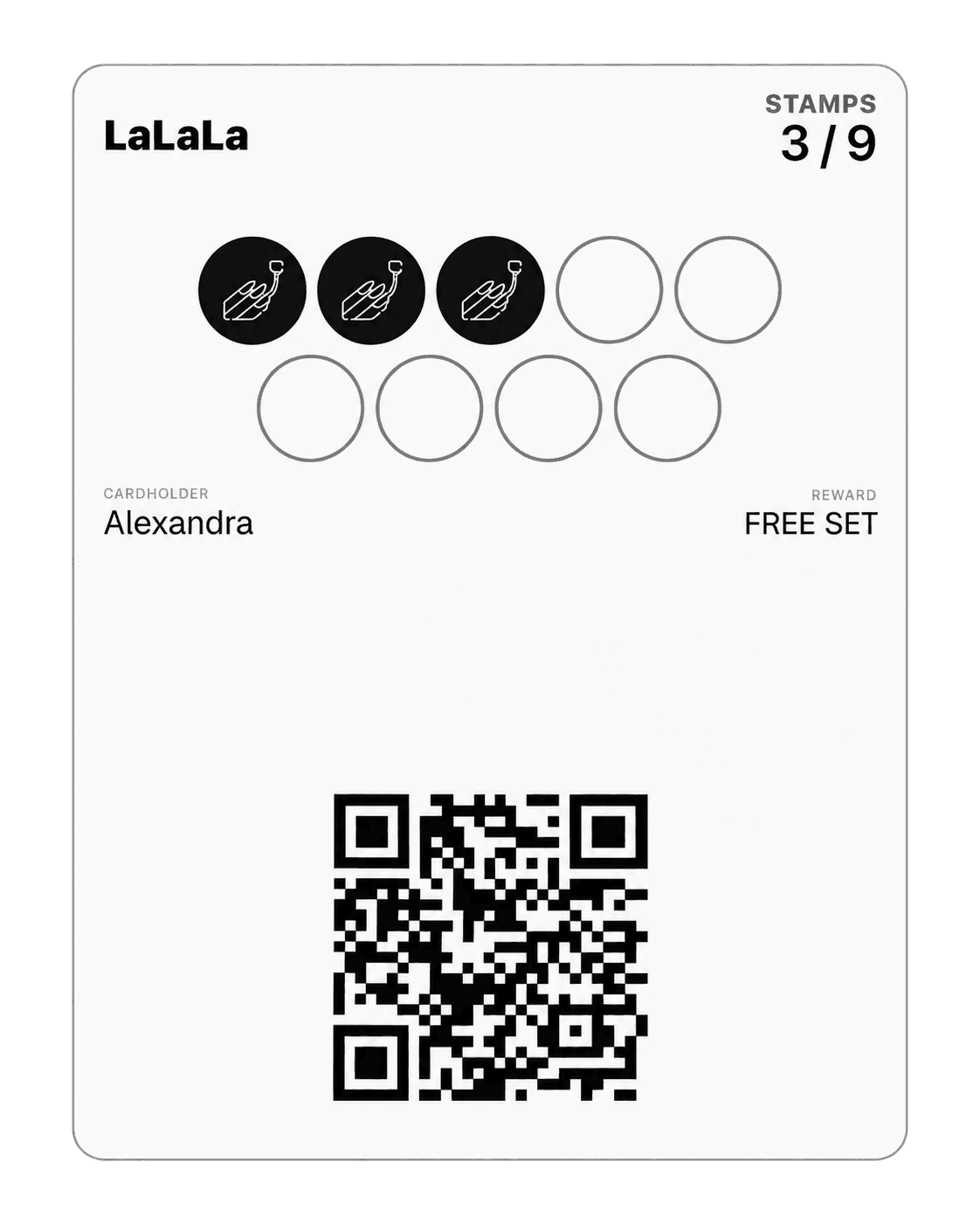 Real Kardza loyalty card for LaLaLa: 3 of 9 stamps collected, cardholder Alexandra, with a free set reward and customer QR code.